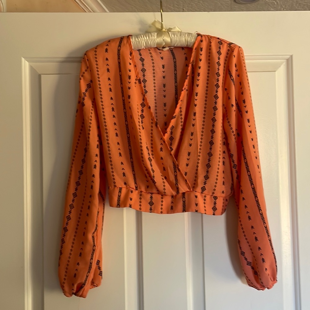 Chocolate - blouse with open neck line,  south western print, elastic waist